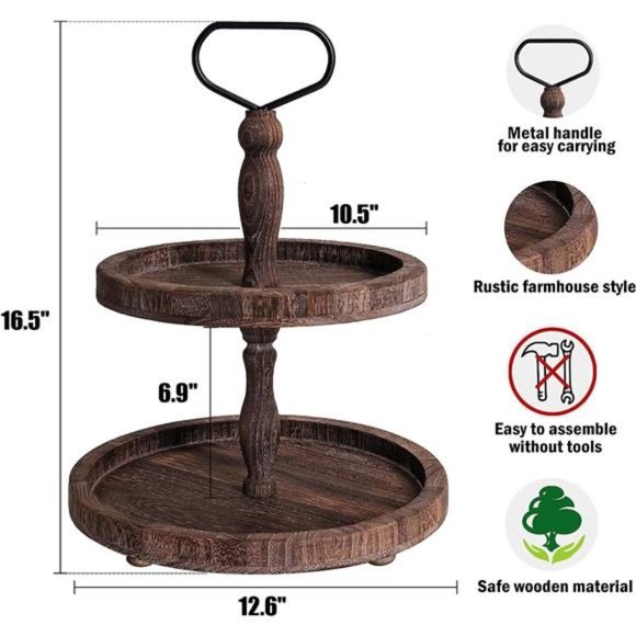 Rustic Wooden 2Tiered Tray,Round Farmhouse Kitchen Table Decor Serving Tier Tray - Picture 5 of 6